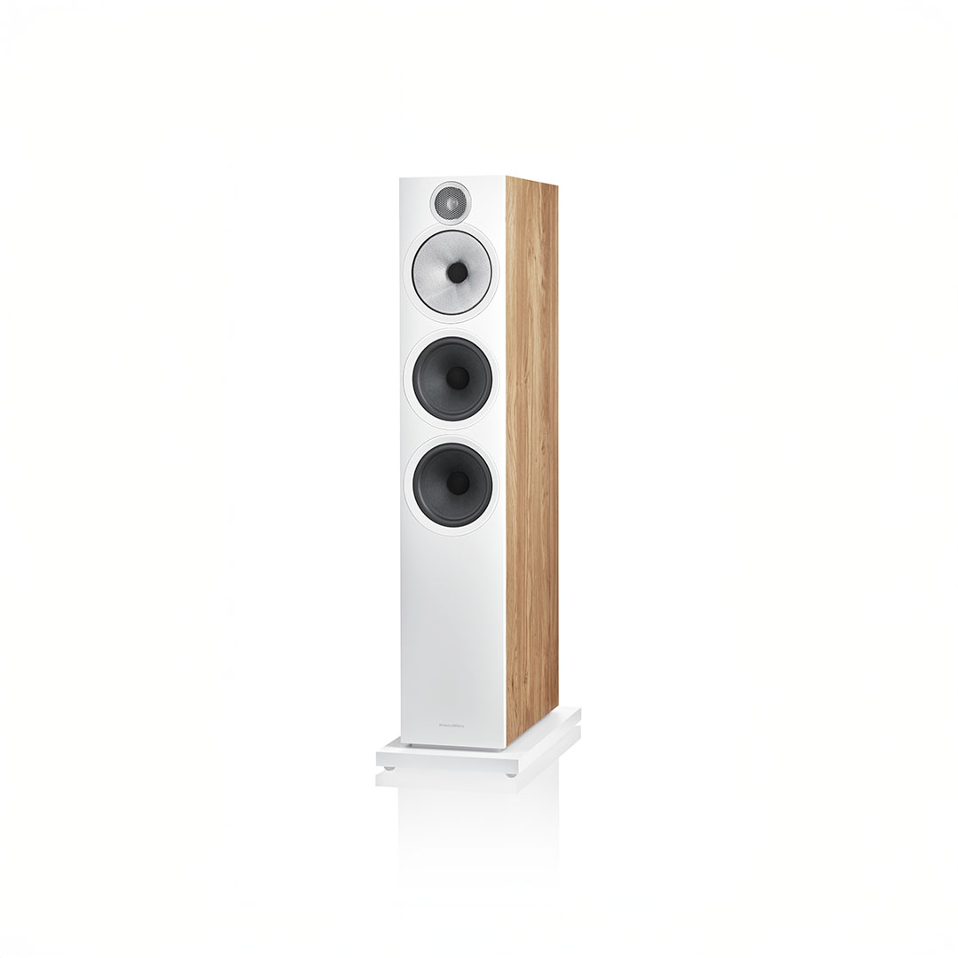 Modern floor-standing speaker with wooden accents.