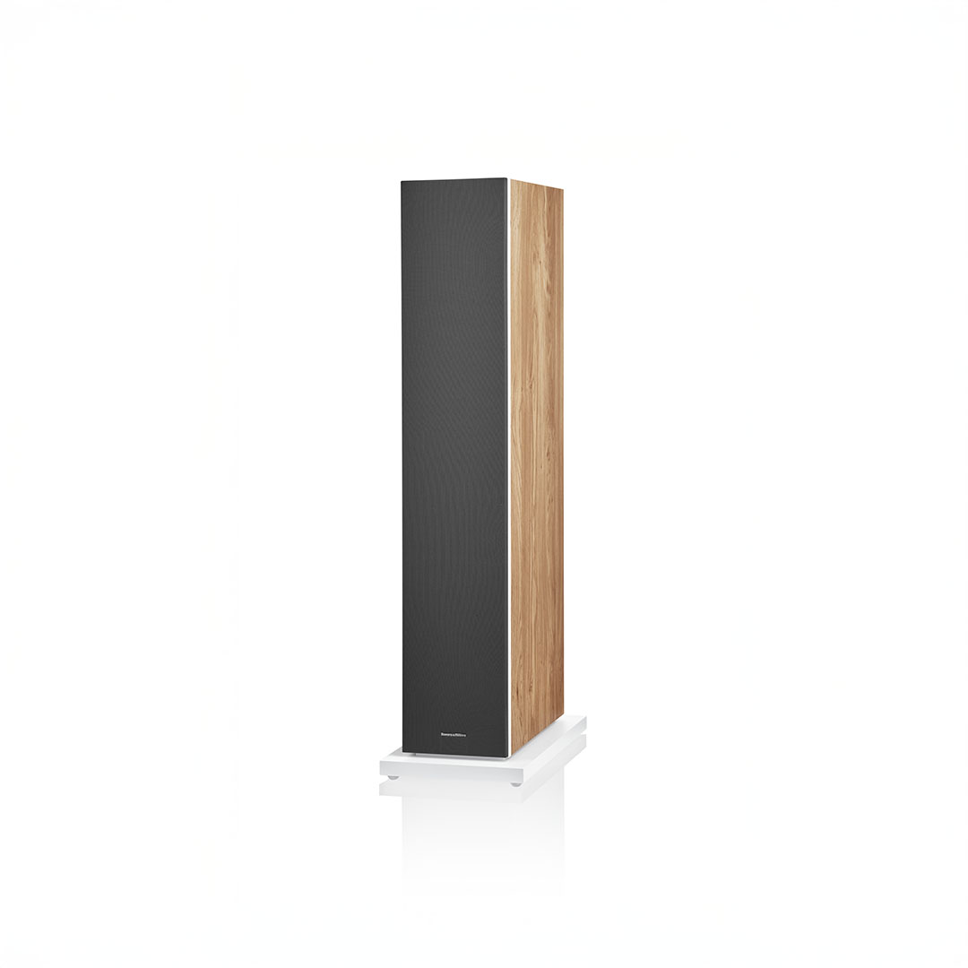 Wooden floorstanding speaker with black front grille