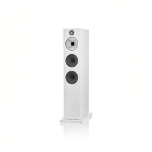 White floor-standing speaker with three drivers.