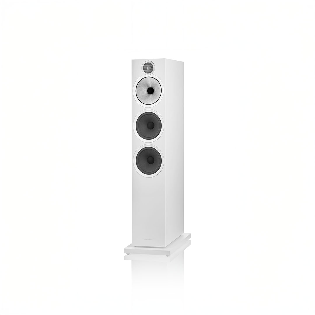 White floor-standing speaker with three drivers.