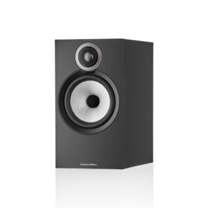 Black modern speaker with silver cone detail.