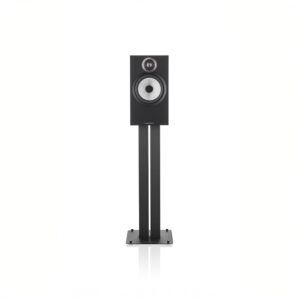 Black speaker on stand, minimalist design
