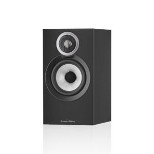 Bowers & Wilkins bookshelf speaker, black, front view.