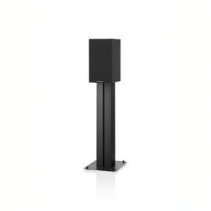 Black speaker on stand, minimalistic design.