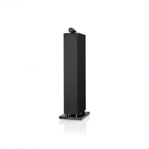 Black floor-standing speaker on white background
