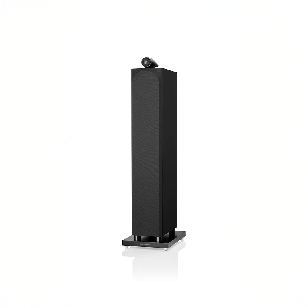 Black floor-standing speaker on white background