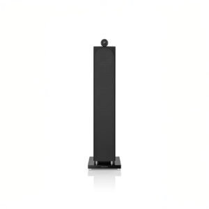 Black floor-standing speaker on white background.