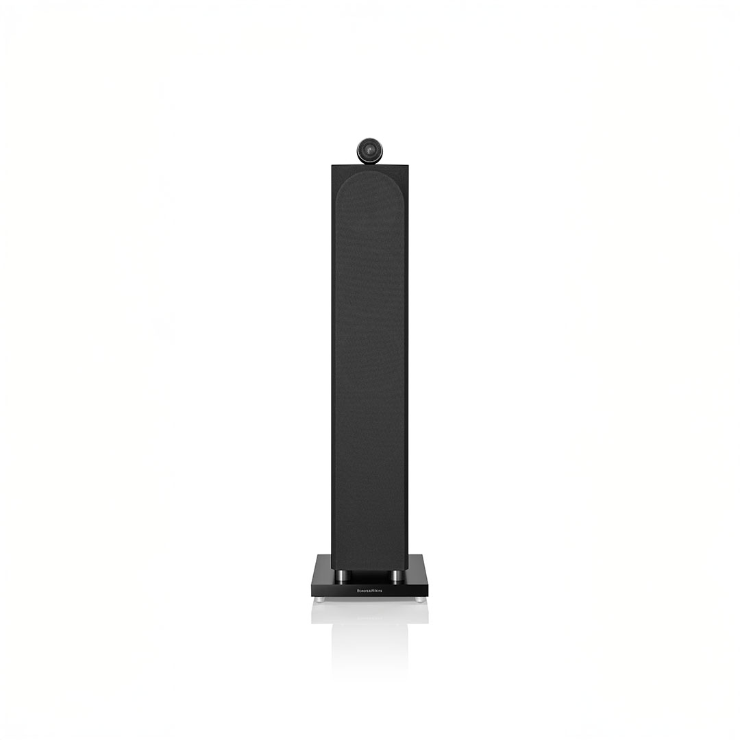 Black floor-standing speaker on white background.