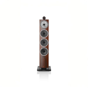 Elegant floor-standing speaker with multiple drivers.