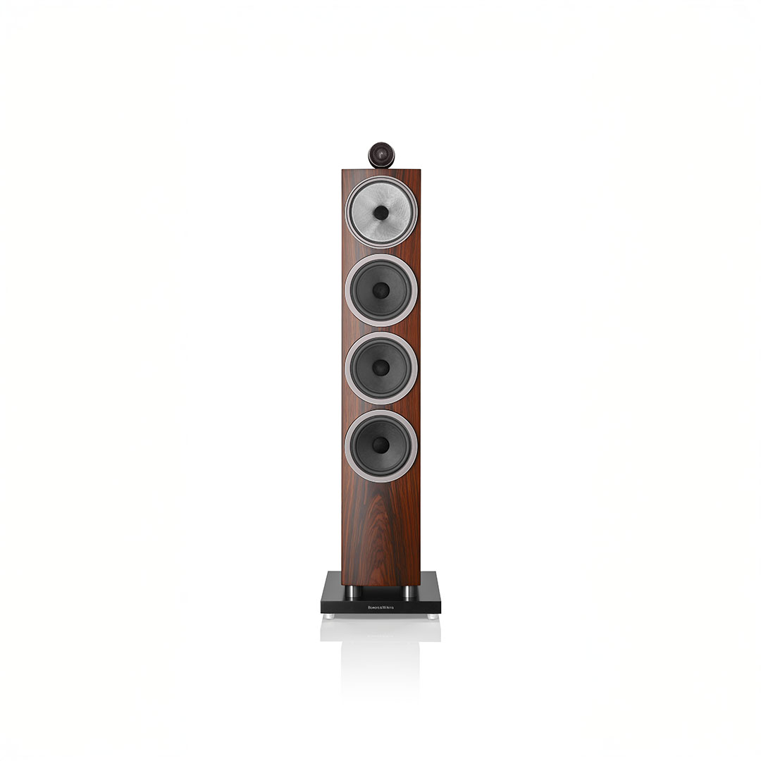 Elegant floor-standing speaker with multiple drivers.
