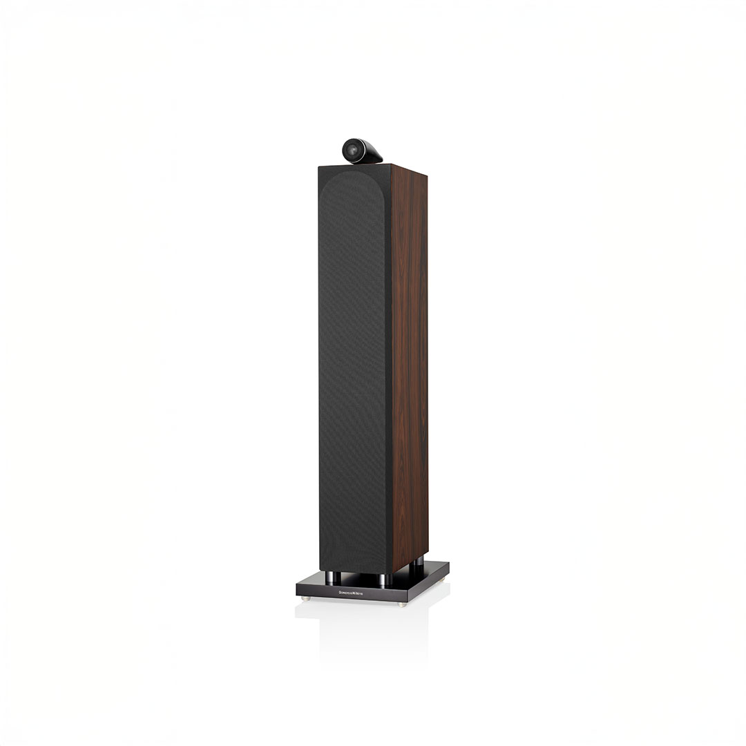Tall brown tower speaker with black front panel.