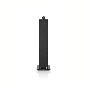 Tall black floor speaker on white background.