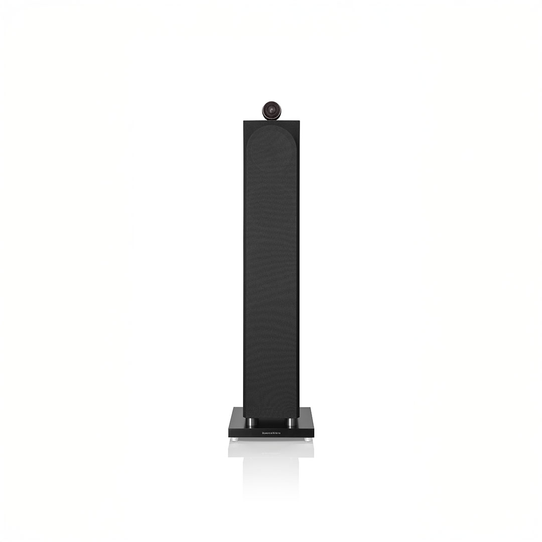 Tall black floor speaker on white background.