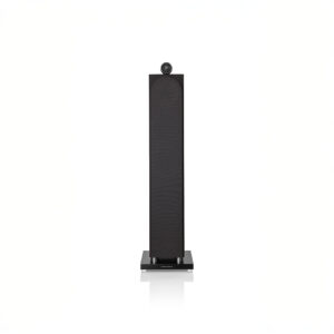 Tall black floor-standing speaker isolated on white.