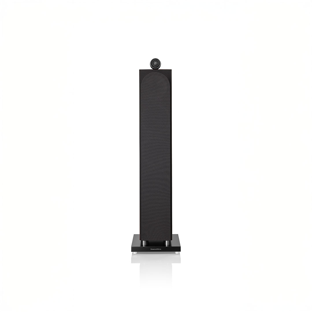 Tall black floor-standing speaker isolated on white.