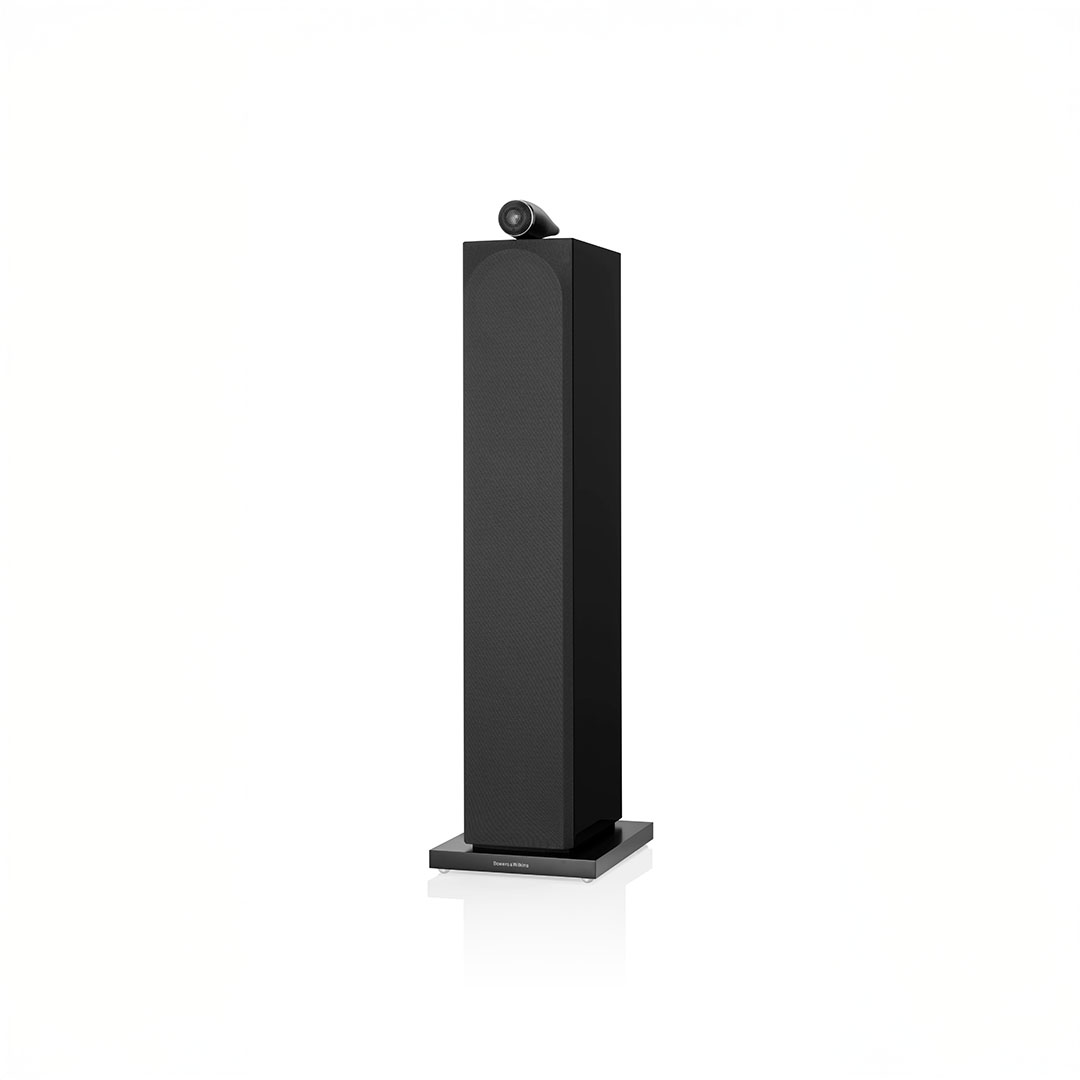 Black floor-standing speaker on white background