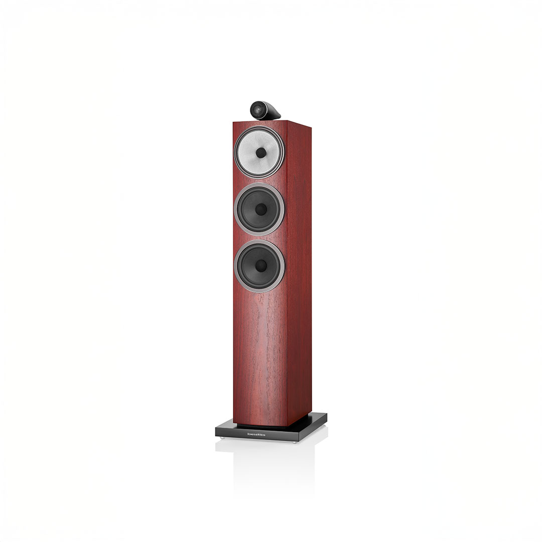 Tall wooden floor-standing speaker with three drivers.