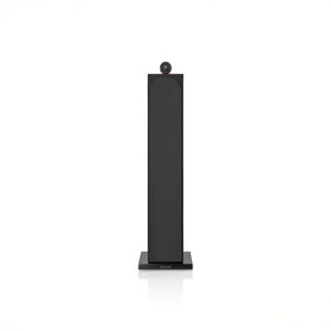 Black floor-standing speaker with top-mounted tweeter
