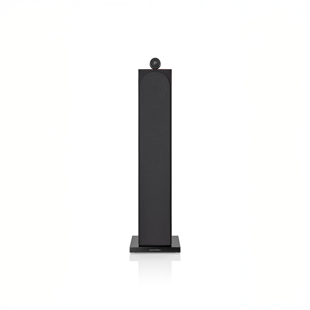 Black floor-standing speaker with top-mounted tweeter
