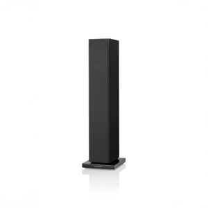 Black floor-standing speaker on white background