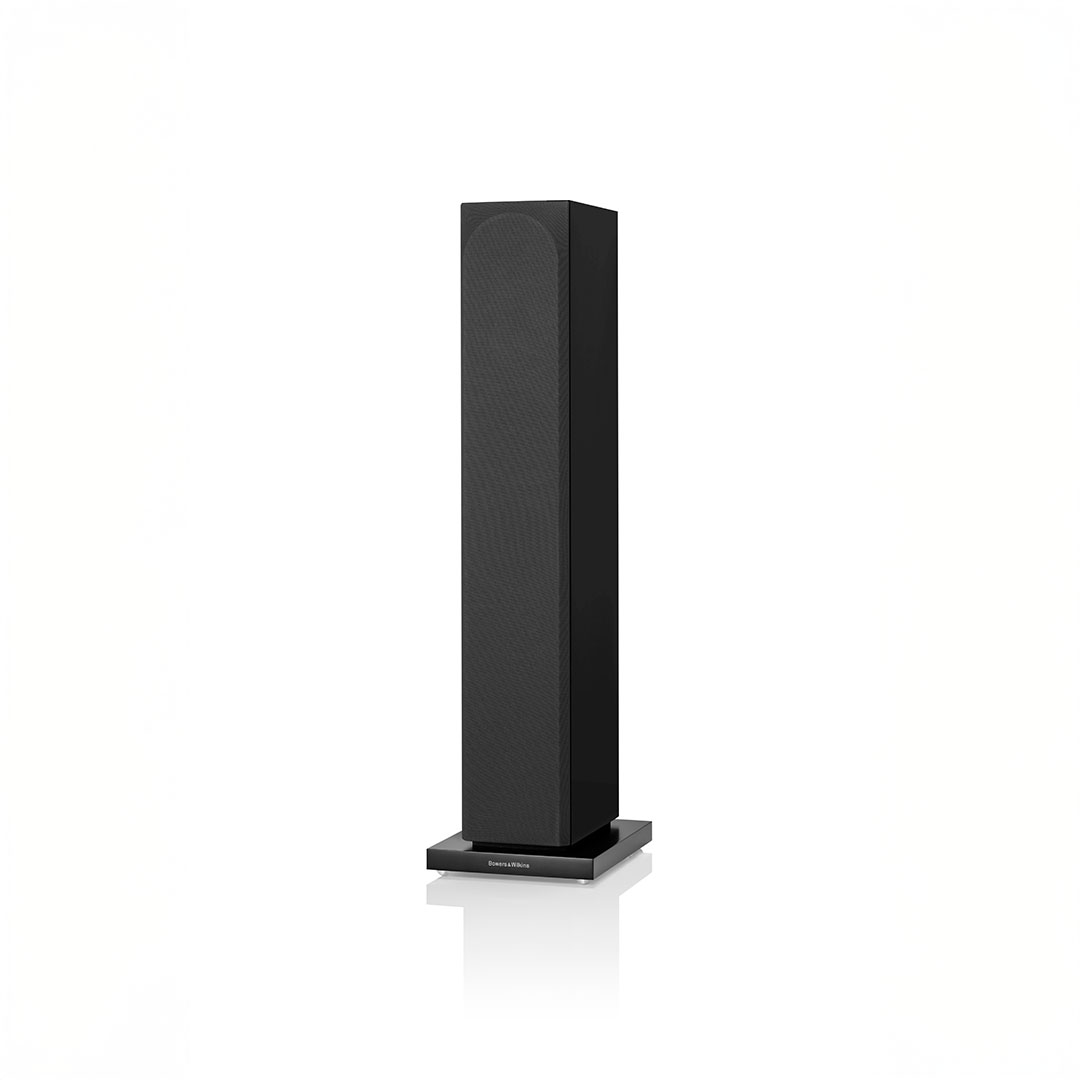 Black floor-standing speaker on white background