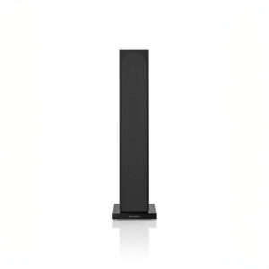 Tall black floor-standing speaker with base.