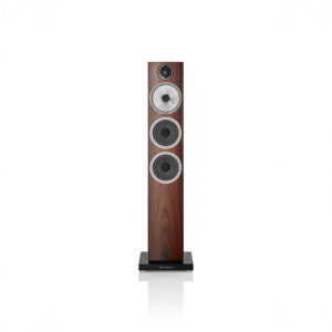 Tall wooden speaker with three drivers.
