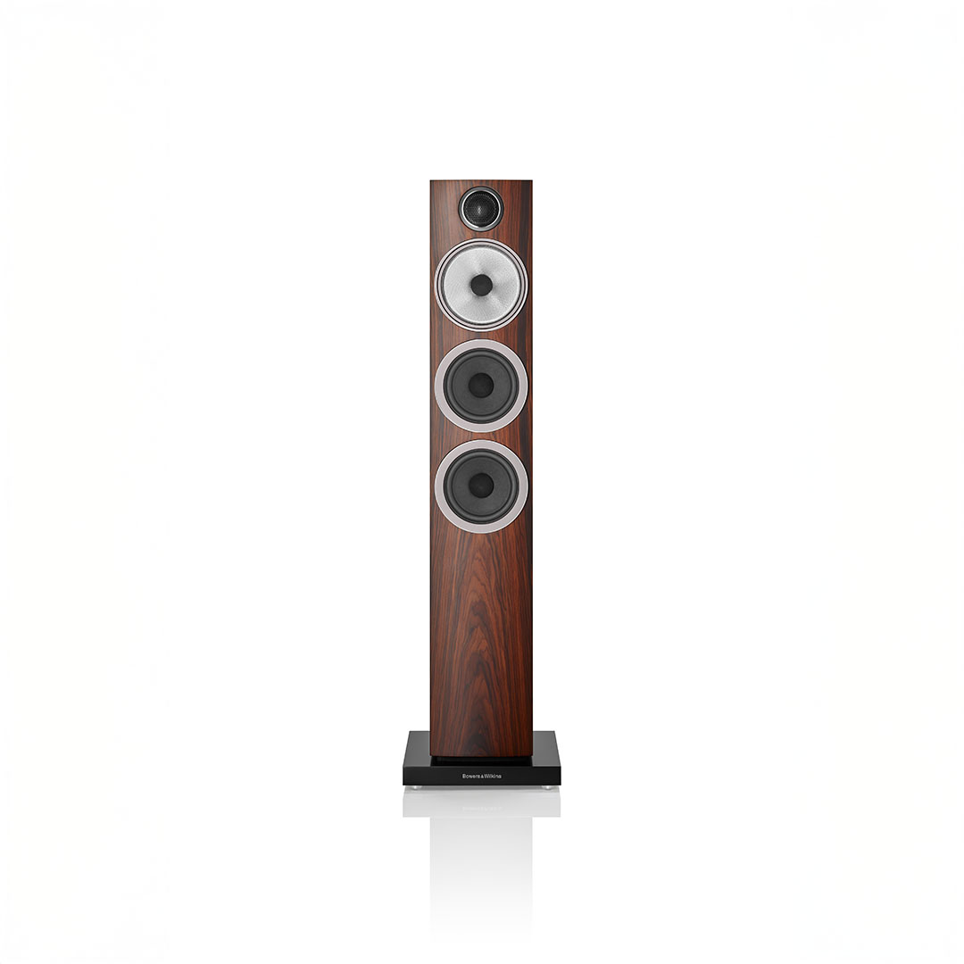 Tall wooden speaker with three drivers.