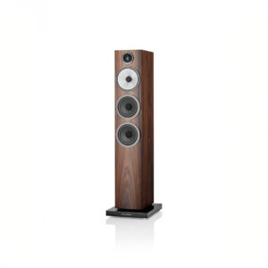 Tall wooden floor-standing speaker with three drivers.