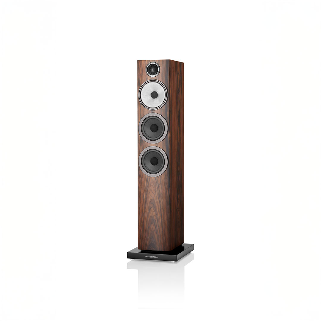 Tall wooden floor-standing speaker with three drivers.