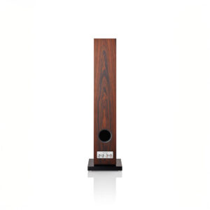 Wooden tower speaker with black base.