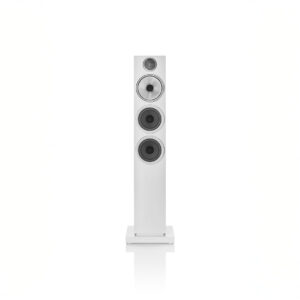 White floor-standing speaker with multiple drivers.