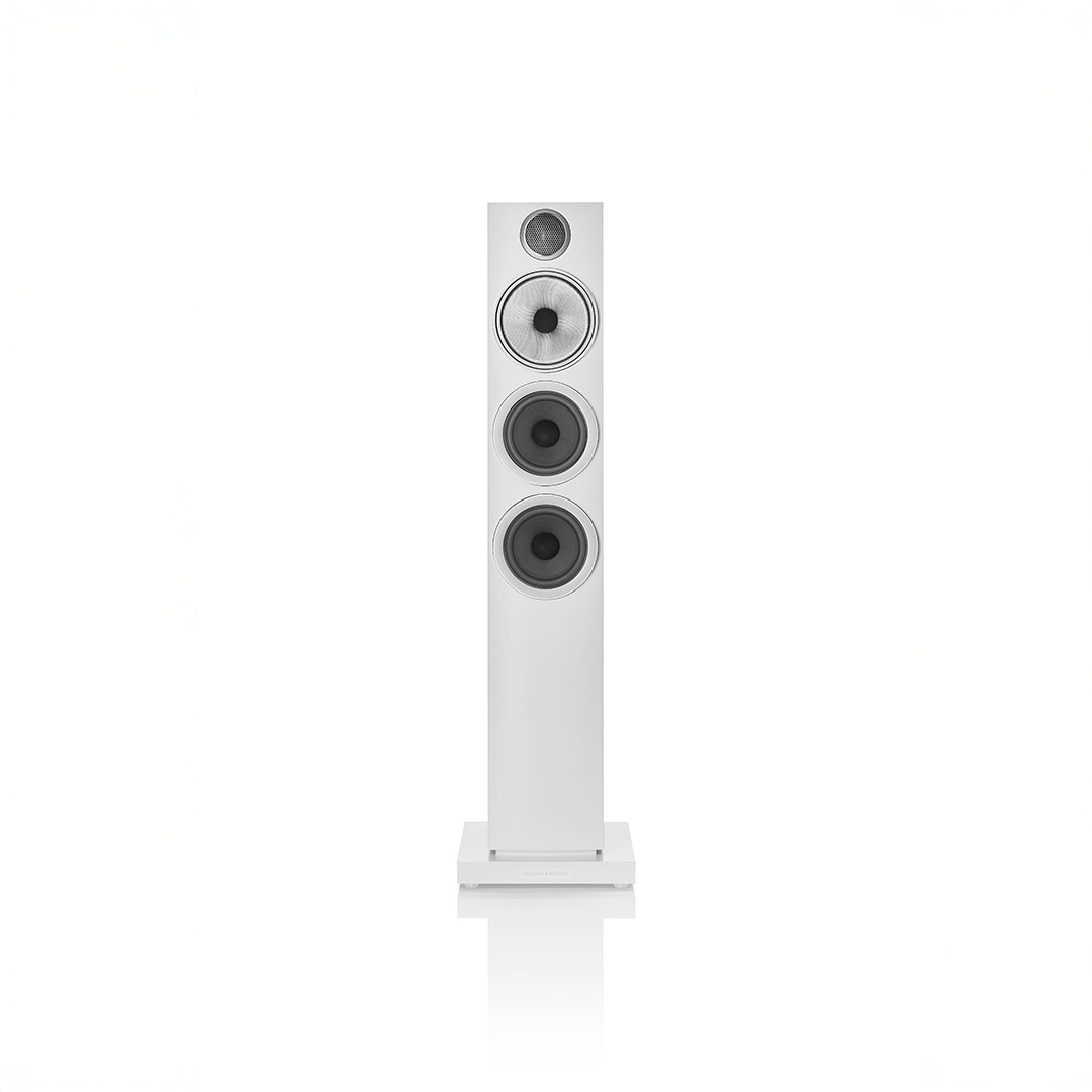 White floor-standing speaker with multiple drivers.