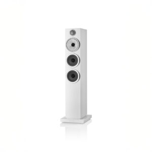 White floor-standing speaker with three drivers