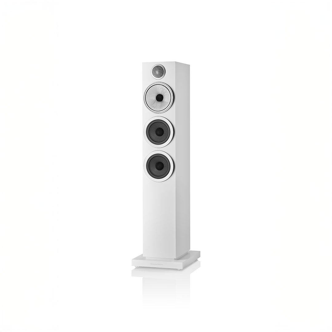 White floor-standing speaker with three drivers