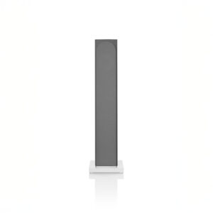 Tall gray speaker on a white base.