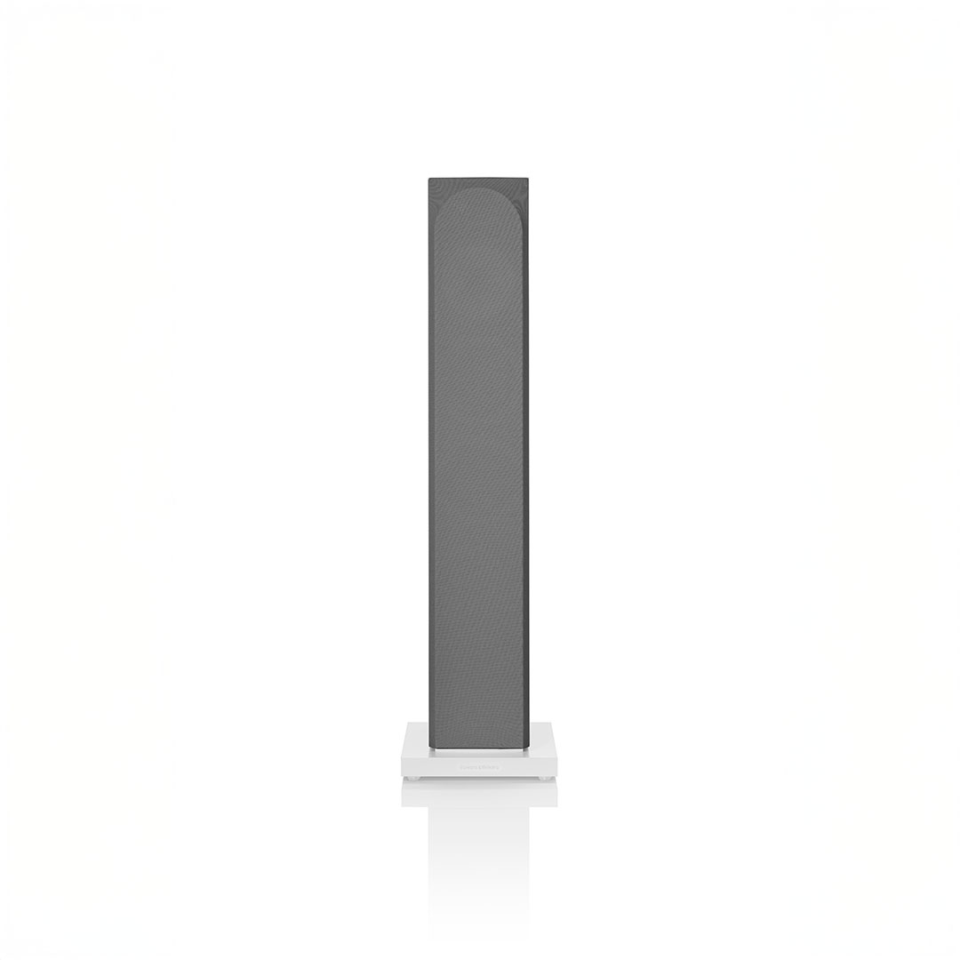 Tall gray speaker on a white base.