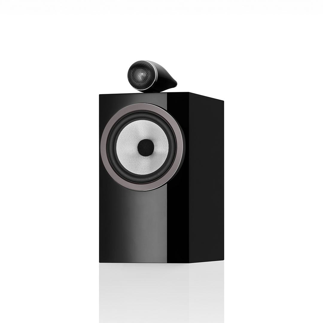 Black speaker with a sleek design on white background.