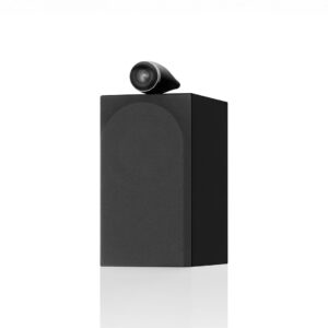 Black speaker with unique design and tweeter on top.
