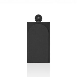Modern black speaker with round tweeter on top.