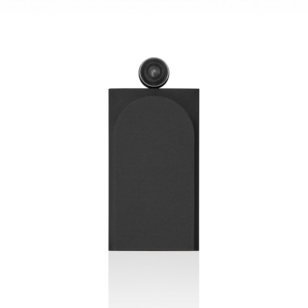 Modern black speaker with round tweeter on top.