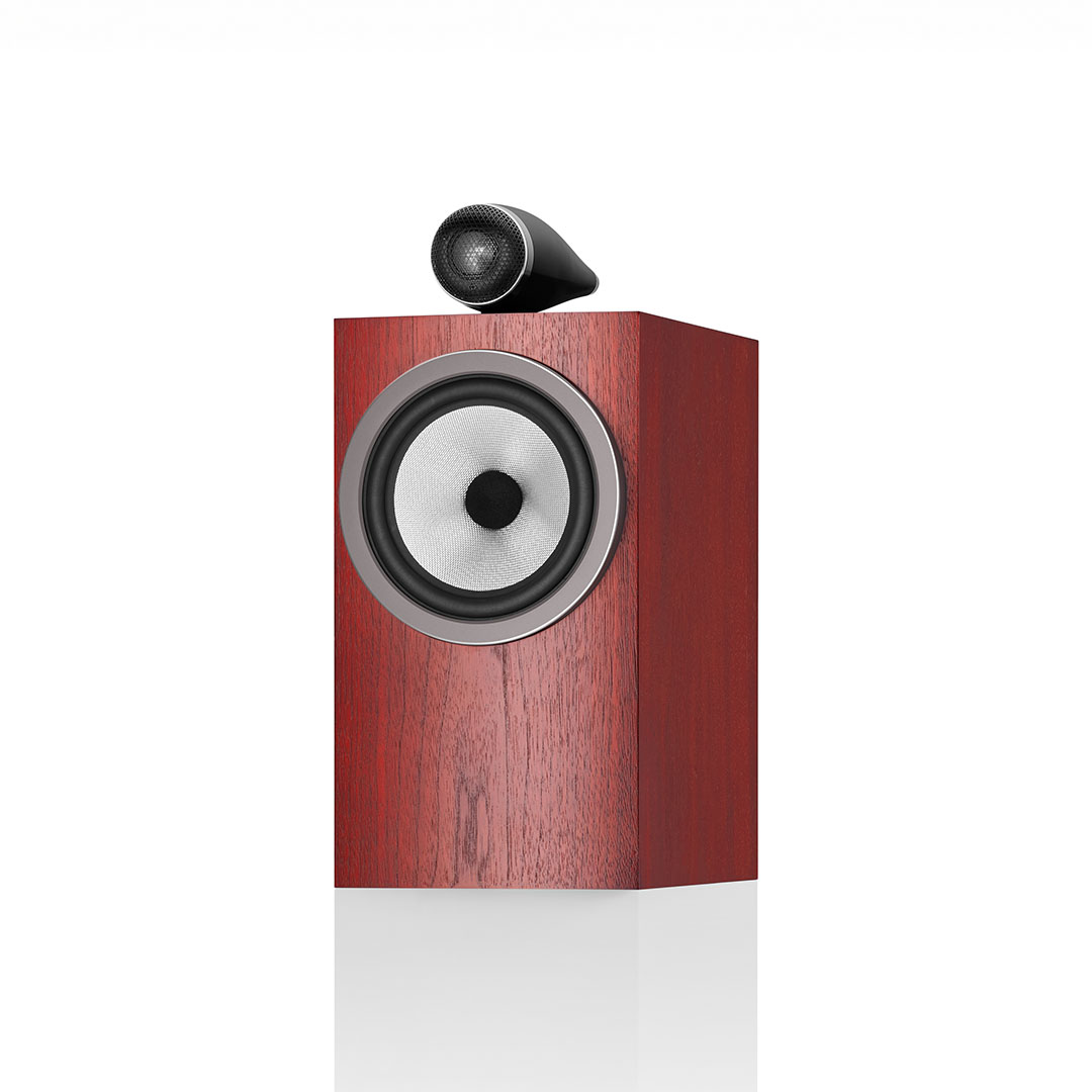 Wooden speaker with circular woofer and tweeter.