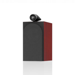 Red wood speaker with black mesh grille.