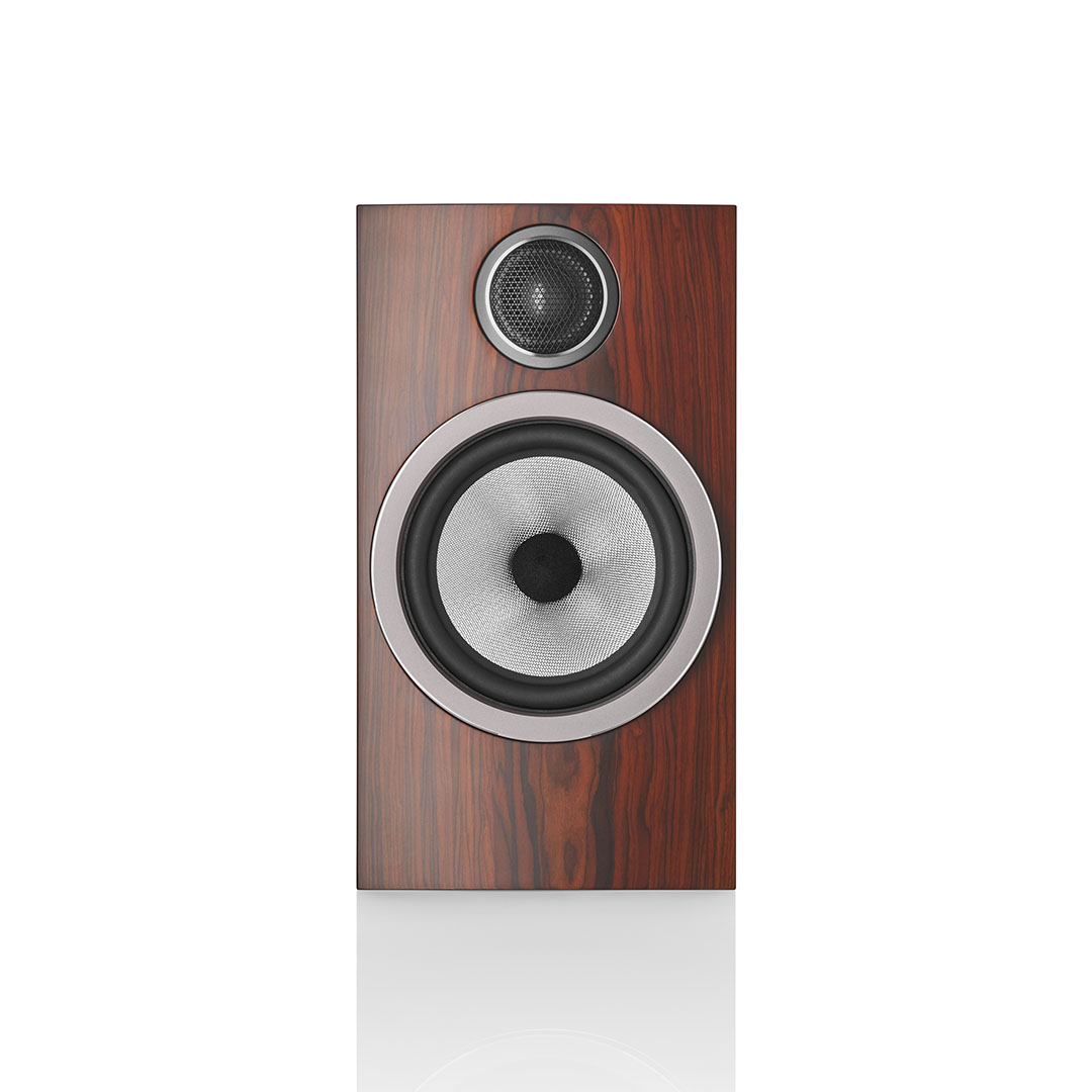 Wooden speaker with large circular woofer.