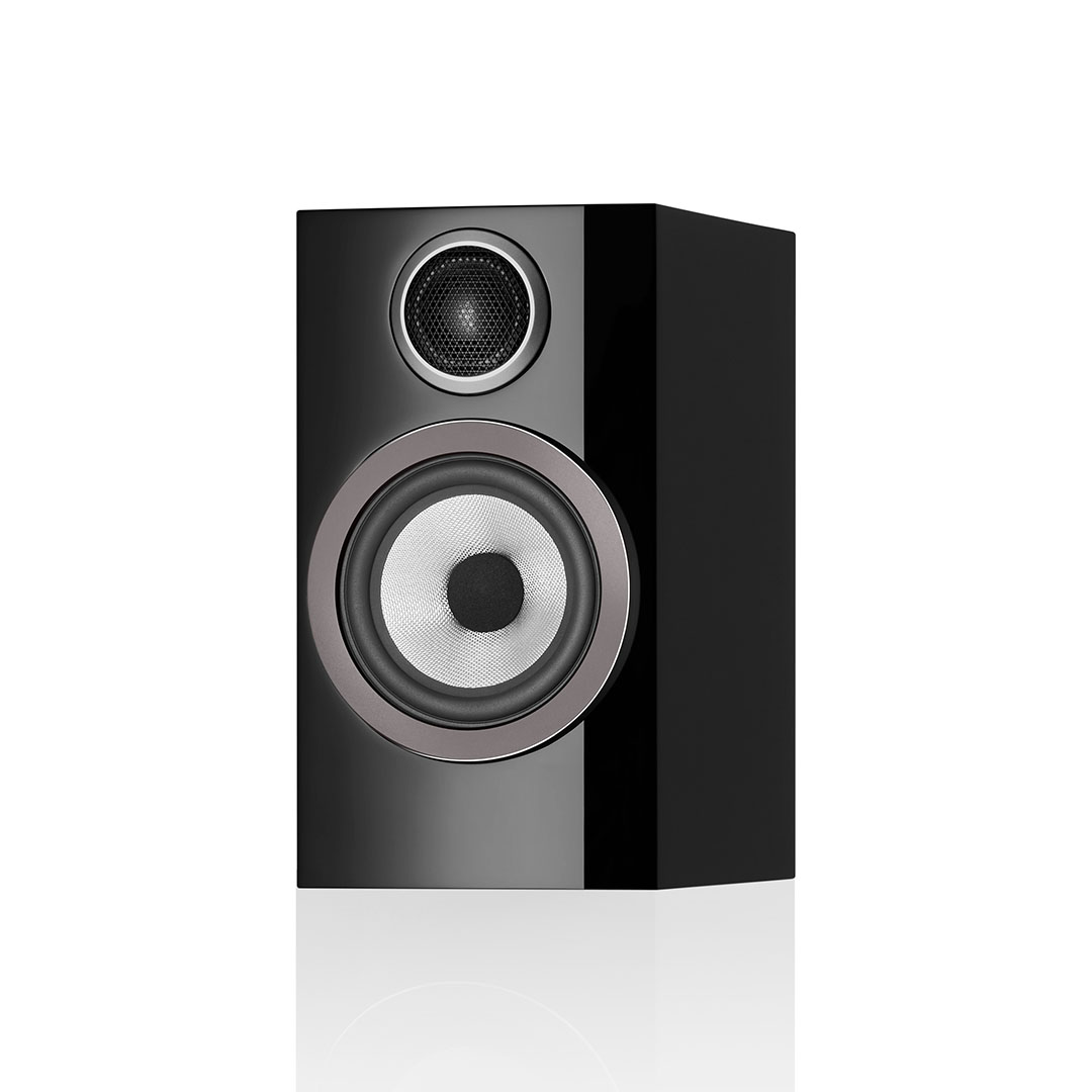 Black hi-fi speaker with circular drivers.