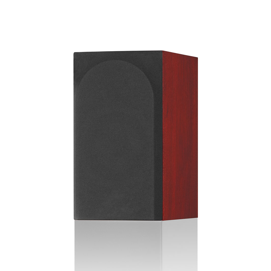 Red and black rectangular speaker on white background.