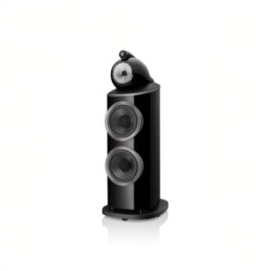High-end black tower speaker on white background.