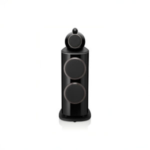 Sleek black high-end floor-standing speaker.