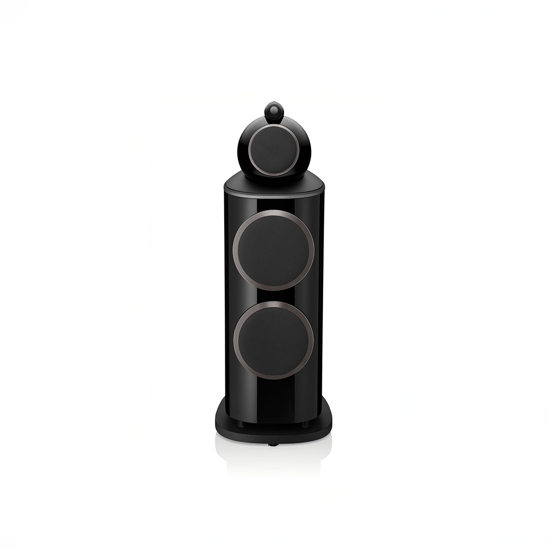 Sleek black high-end floor-standing speaker.
