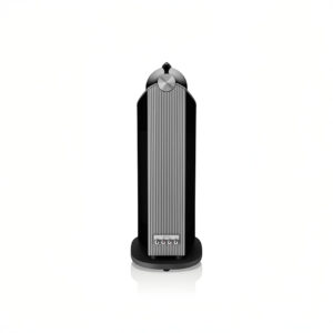 Tall black and silver freestanding speaker